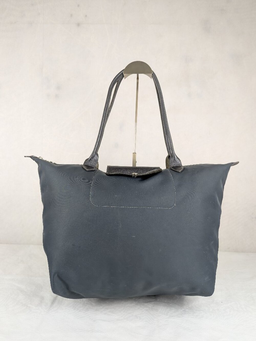 Longchamp Gray Nylon Le Pliage Tote Bag Used Designer Handbag Travel Carryall